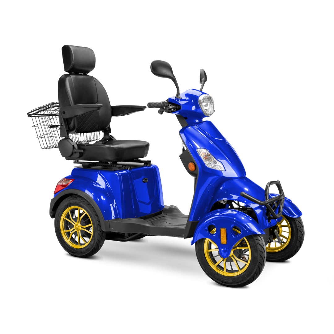 The Bespoke Prestige Recreational 4-Wheel Scooter in blue features a powerful 600W motor, a black adjustable seat with armrests and headrest, rear wire basket, yellow-accented rims, and is displayed on a white background.